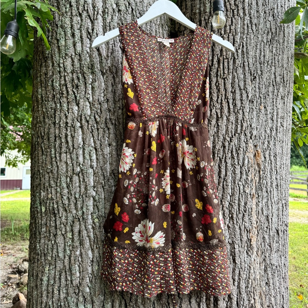 Vintage Y2k Early 2000s Forever 21 Brown Floral Long Flowy Tank Top / Mini Dress